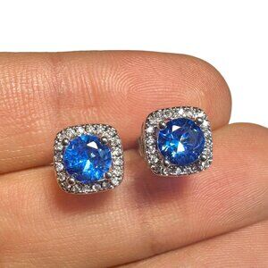 Light Blue CZ Stud Earrings 9mm Silver Plated Round Studs Everyday Gift